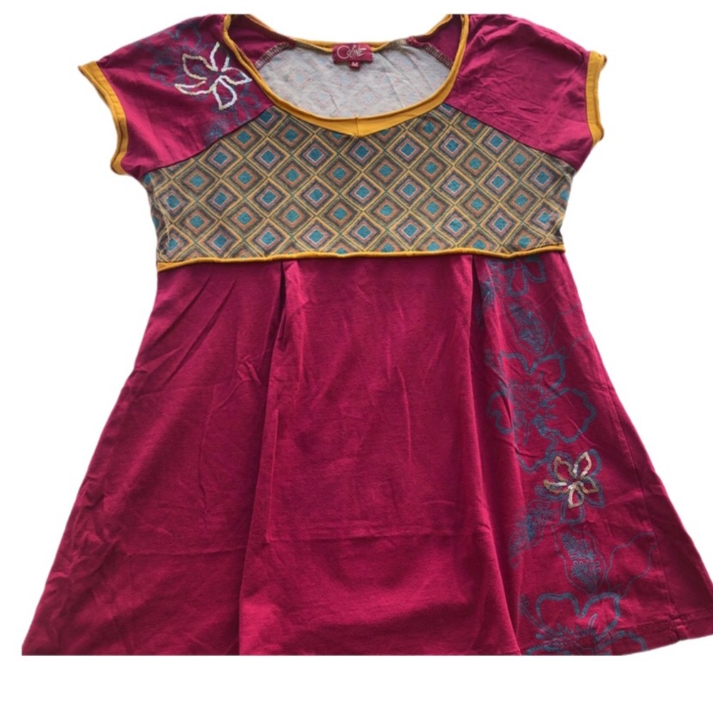 Coline Top Blouse Hot pink w/ glitter Flowers Short Sleeve  Medium